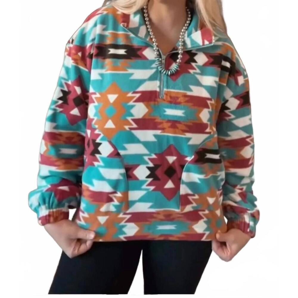 NEW BLUE B santa fe aztec sherpa fleece zip-up western pullover sweatshirt in te